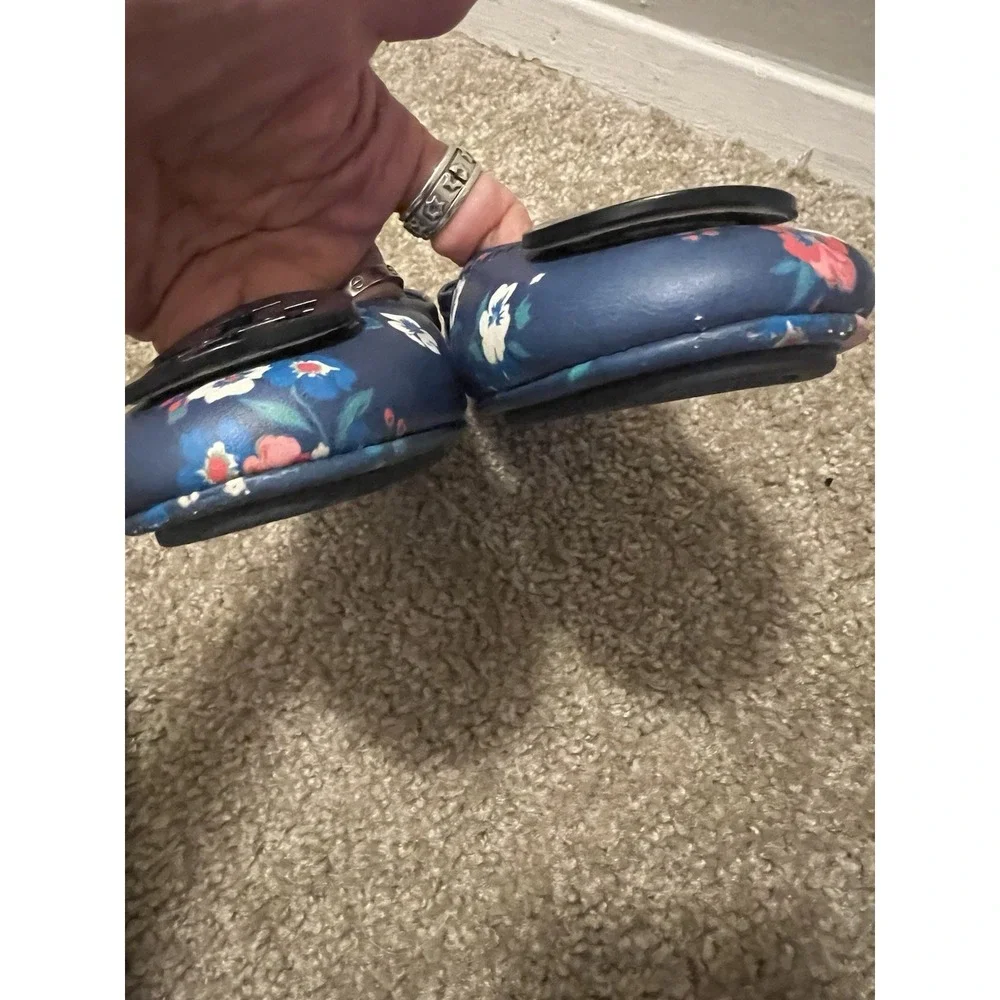 Tory Burch Minnie Travel Ballet Flats Navy Blue Floral Leather Logo Shoes 7
